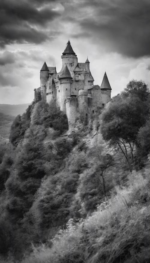 Một hình ảnh màu nước thực tế đen trắng về một lâu đài cổ bí ẩn trên một ngọn đồi.