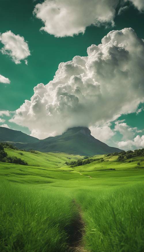 A large white cloud casting its shadow over a vibrant green landscape.