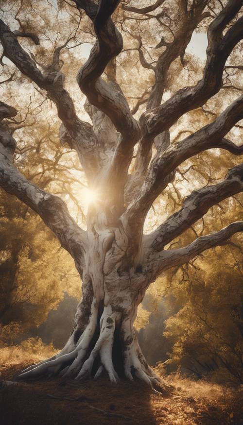 一棵古老的白色树木，树干空心，坐落在茂密的森林中，沐浴着金色的午后阳光。