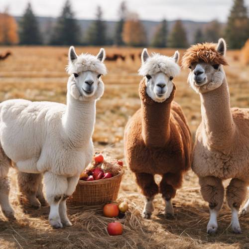 Grupo de alpacas marrones y blancas reunidas alrededor de una cena de Acción de Gracias decorada con heno y manzanas.