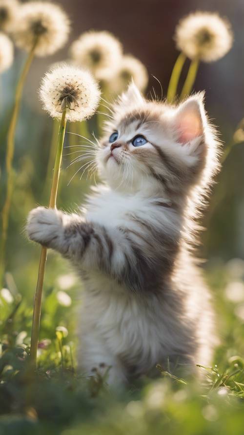 Любопытный персидский котенок игриво бьет одуванчик в разгар весеннего цветения.