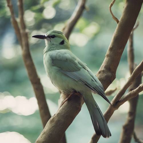 A celadon bird with thin, elongated tail feathers perched on a frail branch within a Japanese garden.