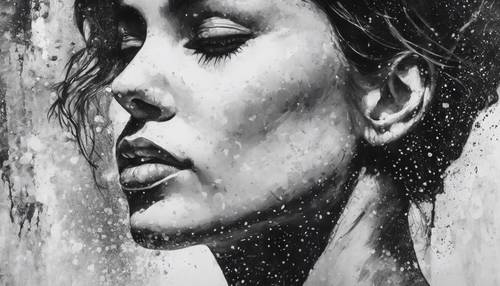 Una vista dettagliata di un dipinto audace e strutturato del profilo di una donna in bianco e nero.