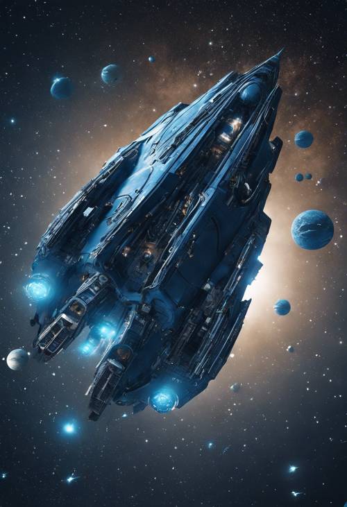 La imagen icónica de una nave espacial azul que explora las misteriosas profundidades de un universo negro lleno de estrellas.