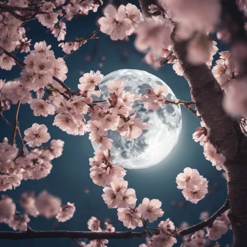 Bulan purnama bersinar melalui dahan pohon sakura, kelopak bunga melayang di udara yang diterangi cahaya bulan.