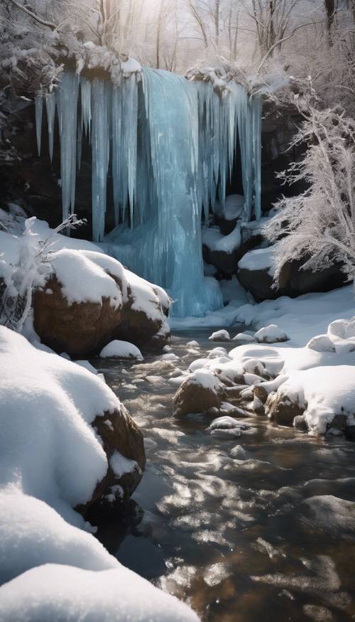 A frozen waterfall nestled in a winter forest with icicles glittering in the midday sun.