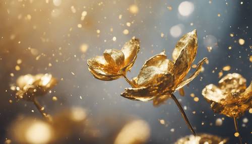 Abstract painting of gold petals falling from an unseen flower.