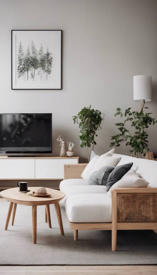 Un moderno soggiorno scandinavo con un morbido divano bianco e mobili minimal in legno.