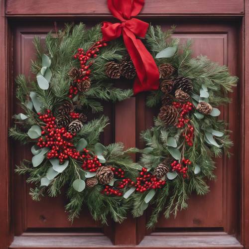 Une couronne de Noël vibrante de branches d&#39;eucalyptus, de pommes de pin et de baies rouge vif sur une porte en bois rustique.