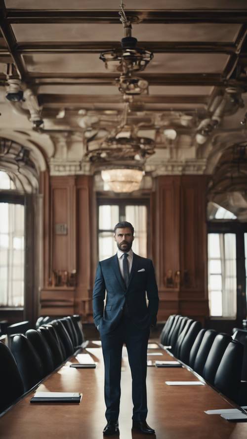 Un uomo attraente in abito a tre pezzi, in piedi con autorità in un&#39;imponente sala riunioni.