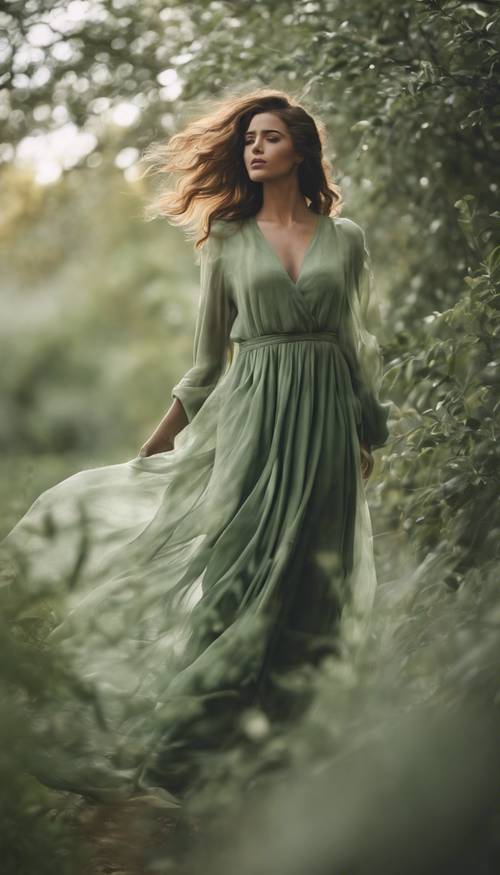 A beautiful woman clothed in a sage green dress, emanating an aura of elegance and mystery.