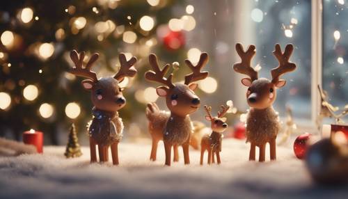 A cute kawaii reindeer family decorating a large sparkling Christmas tree.