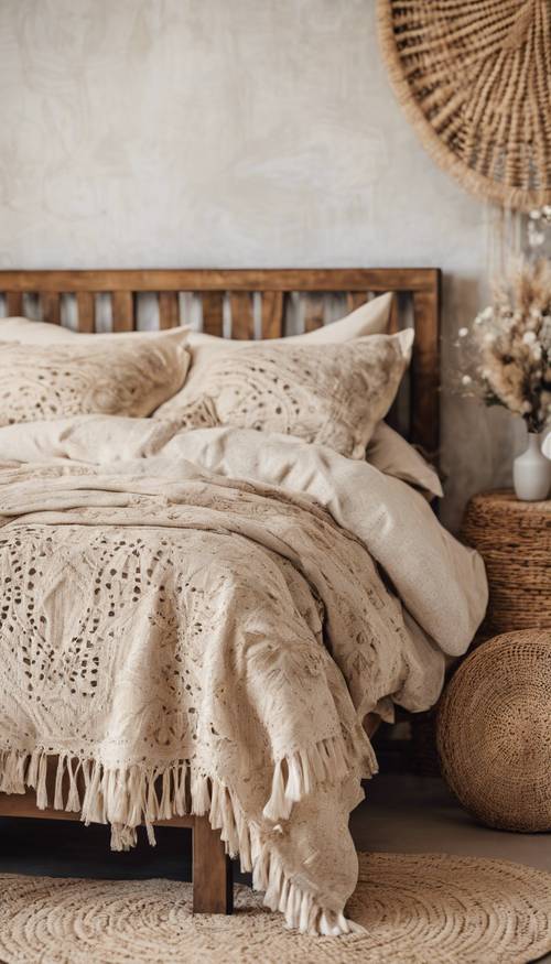 Conjunto de cama boho bege com almofadas combinando em uma cama rústica de vime