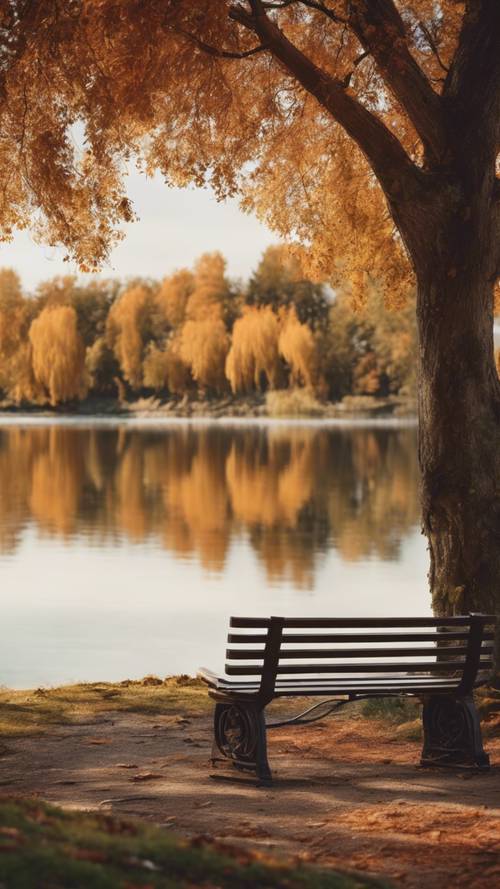 Una tranquilla scena autunnale con una panchina che si affaccia su un lago circondato da alberi di arance