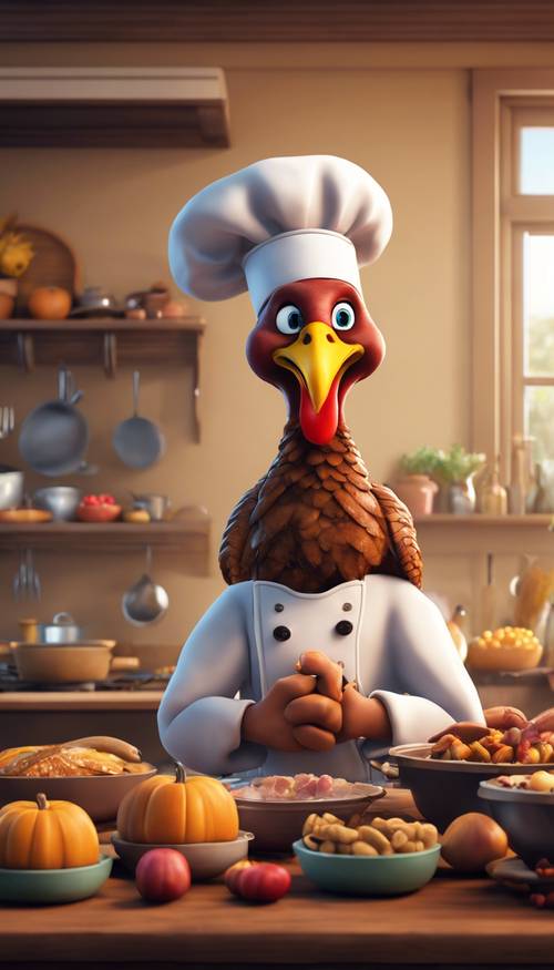 A cute cartoon of a turkey chef preparing a Thanksgiving feast for his animal friends. Тапет [772ed9e15e7c4a7c864a]