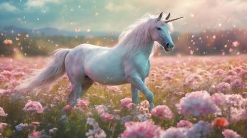 Magiczna pastelowa ilustracja fantasy przedstawiająca majestatycznego jednorożca bawiącego się na polu kwiatów.