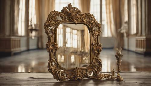 An antique mirror with a gilded rococo frame, reflecting a lavish Venetian masquerade.