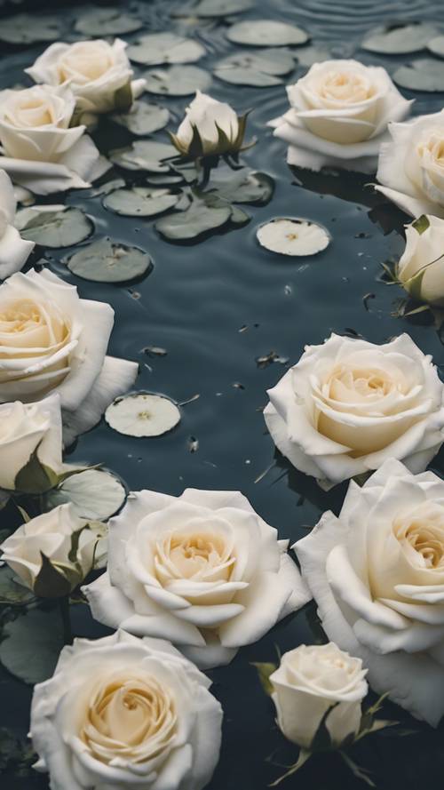 池の静かな水面に浮かぶ白いバラの輪