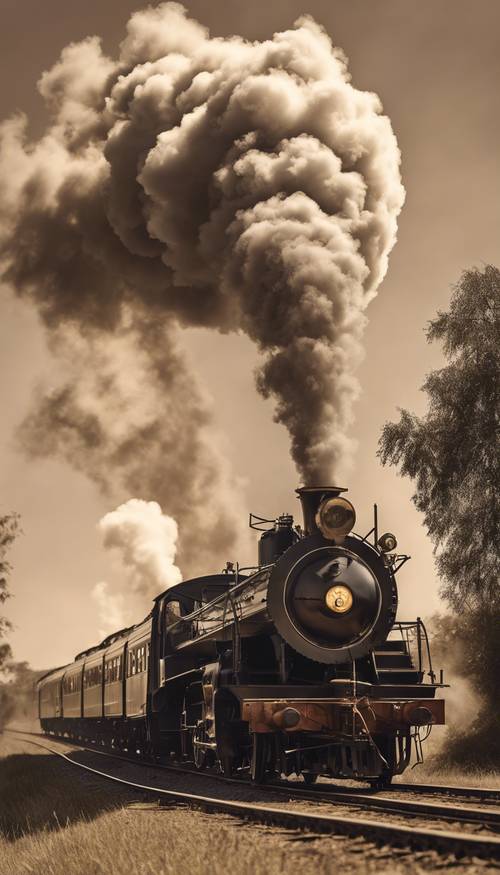 A sepia-toned photo of a vintage steam train puffing smoke against a dusk sky.