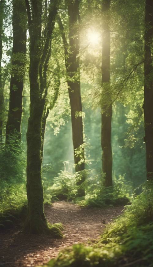 مشهد غابة ساحر يغمره ضوء الشمس الأخضر الباستيل.