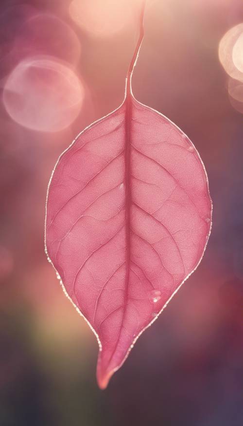 A detailed close up illustration of a tender pink leaf with rounded edges, sparkling delightfully under morning sunlight.