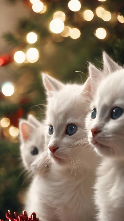 Drei weiße Kätzchen mit Schleifen vor einem Weihnachtsbaum.