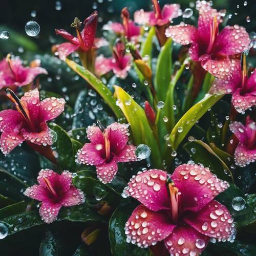 Close detalhado de uma variedade de flores tropicais vibrantes cobertas de gotas de orvalho.