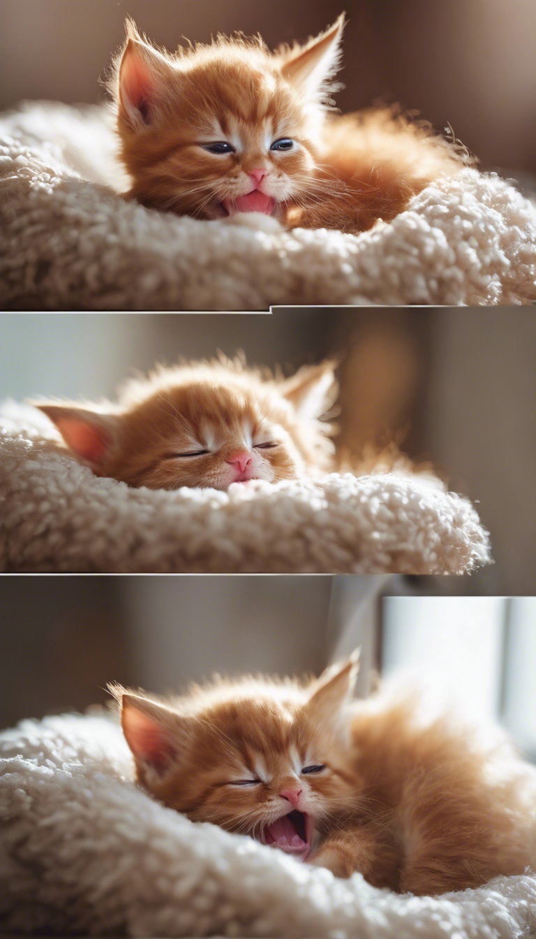 A cute red kitten yawning in its cozy bed. Tapet[413dba5df4284250a424]