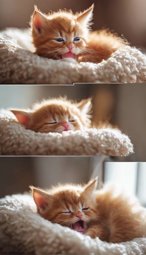 一隻可愛的紅色小貓在舒適的床上打哈欠。