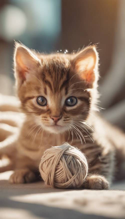 一隻年輕的淺棕色小貓，眼睛閃閃發光，在柔和的晨光下玩著毛線球。