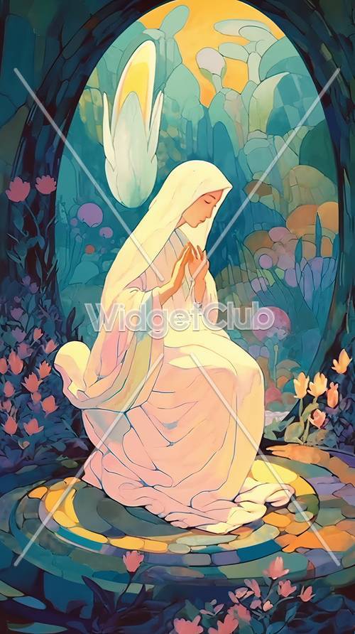 Jeune fille en prière dans la forêt enchantée