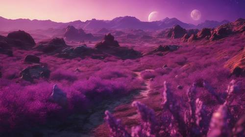 An alien planet with purple vegetation under a dual moon. Tapet [42d7b38215814689b2c3]