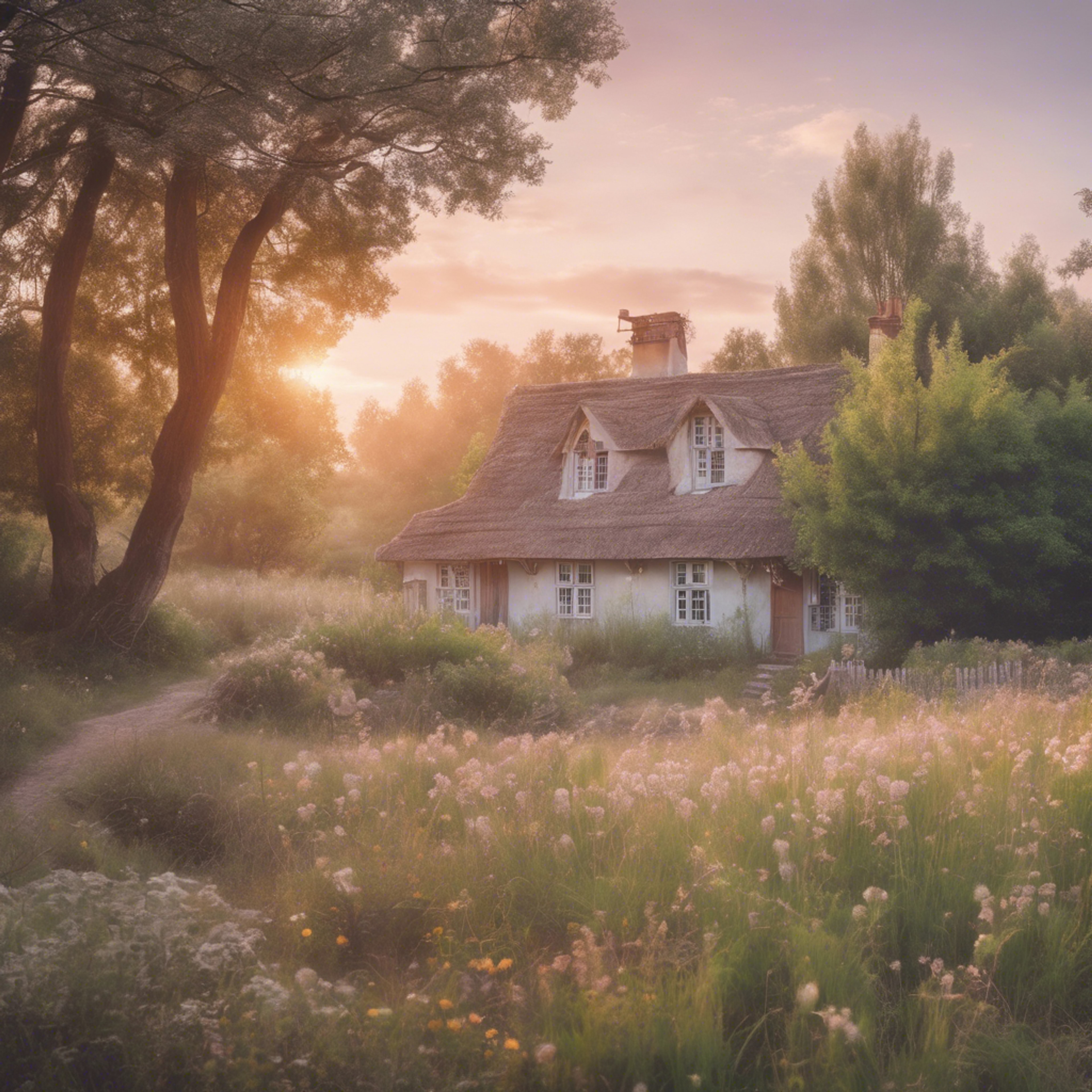 A soft pastel sunrise over rustic cottages, birthing ethereal aesthetic beauty Tapeta[daea3b7a39e14a169eb1]