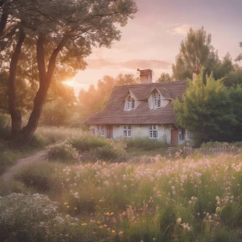Rustik kır evlerinin üzerinde yumuşak pastel gün doğumu, ruhani estetik güzelliği doğuruyor