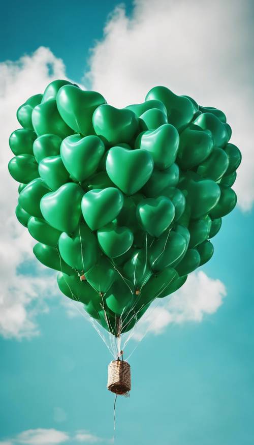 Beautiful green heart-shaped balloon soaring in the blue sky. Tapet [89e8ca0667284a3a9d26]