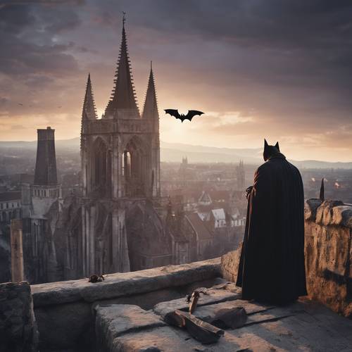 Um vampiro e seu morcego de estimação empoleirados nas ruínas de uma catedral gótica, com vista para a cidade ao amanhecer.