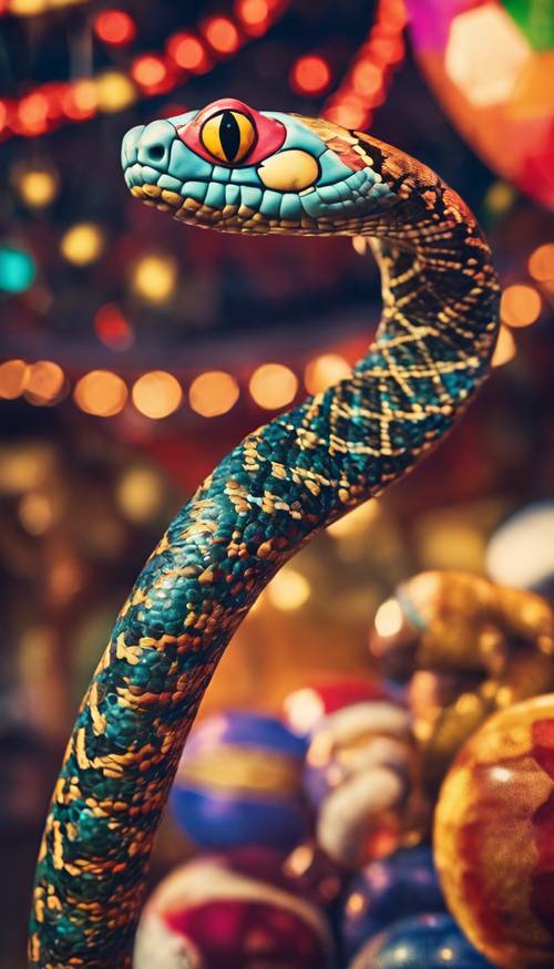 In a bizarre spectacle, a snake juggling balls with its tail in a carnival sideshow.