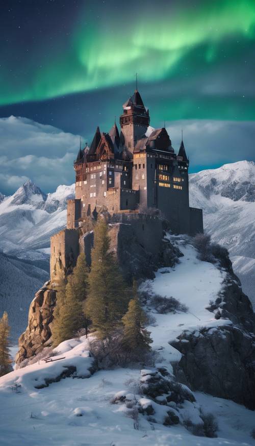 Eine alte Burg auf einem schneebedeckten Berggipfel, unter dem Nordlicht.