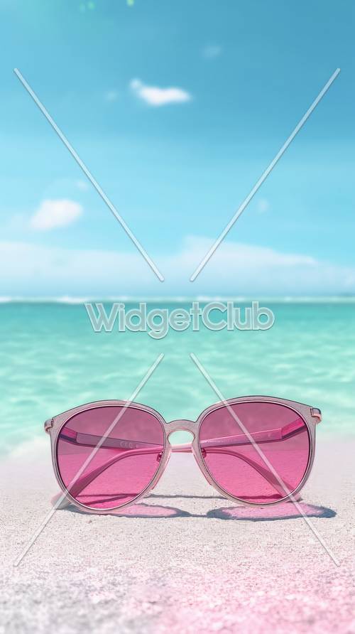 Vista della spiaggia tropicale attraverso gli occhiali da sole rosa