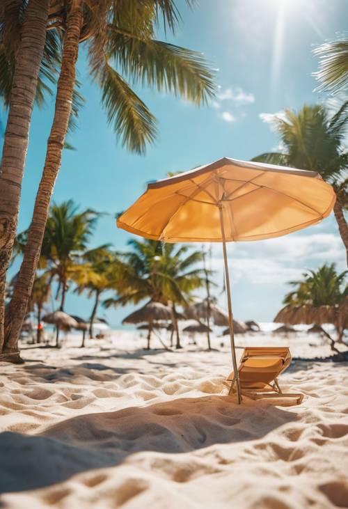 A white beach, with a view from beneath a large beach umbrella lending shade from the bright sun overhead. Шпалери [68c3aa0a627148e3b55e]
