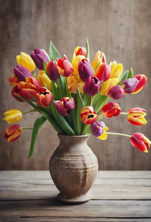 A vibrant bouquet of multi-colored tulips in a textured pottery vase on a rustic wooden table.