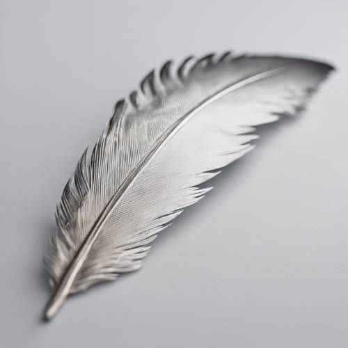 A detailed close-up of a silver metallic feather with a soft white backdrop.
