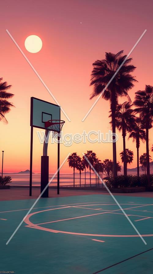 Quadra de basquete ao pôr do sol com palmeiras