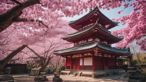 A landscape dominated by fuchsia cherry blossoms, an old Japanese temple in the background.