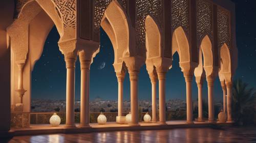 Eine atemberaubende Szene traditioneller arabischer Architektur, deren Bögen und Säulen unter dem sternenklaren Ramadan-Nachthimmel wunderschön beleuchtet sind.