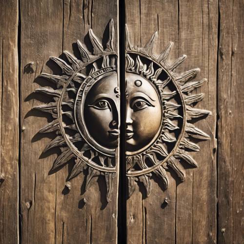 A sun and moon symbol etched onto an old, weathered wooden door.