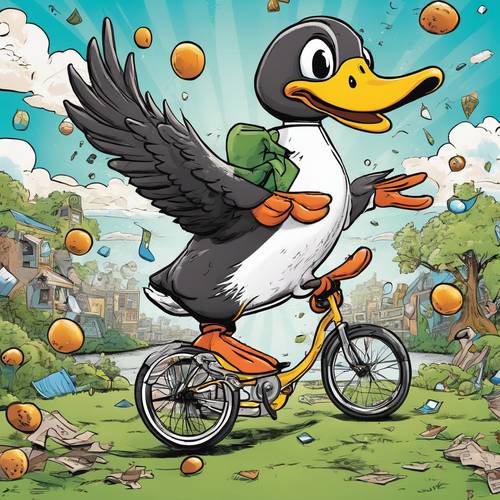 Eine urkomische schwarze Cartoon-Ente, die versucht, beim Einradfahren mit verschiedenen Gegenständen zu jonglieren.