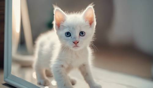 Ujmujący biały kotek z szeroko otwartymi, ciekawskimi oczami, po raz pierwszy odkrywający swoje odbicie w lustrze.