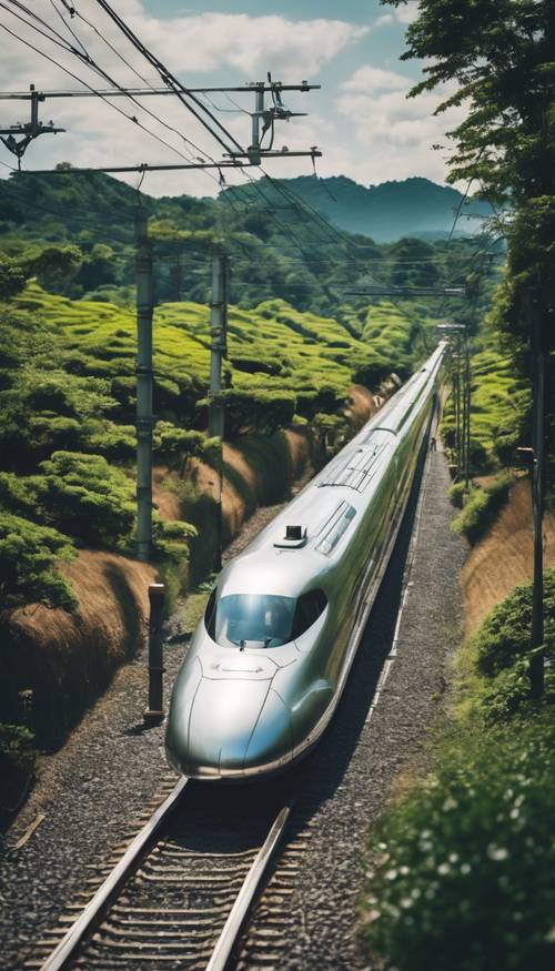 A silver bullet train zipping through a traditional Japanese countryside.
