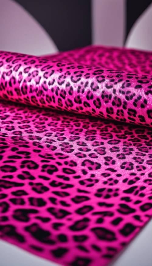 The picture of a textured, shiny, hot pink leopard print fabric spread across a table.